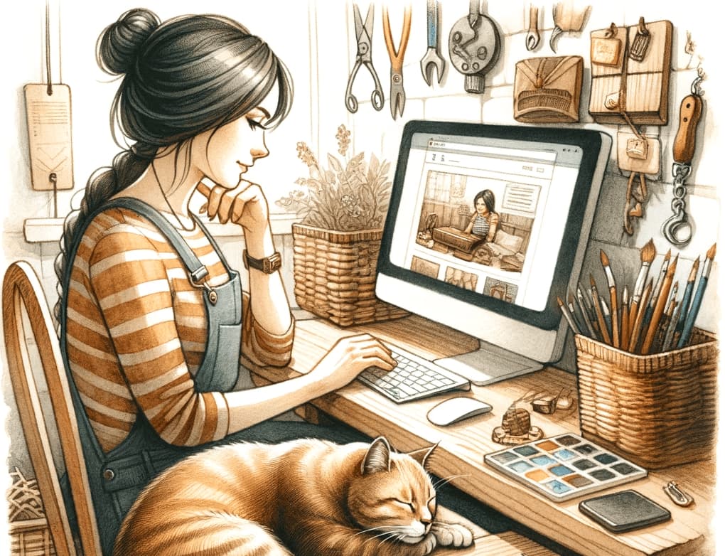 Une artisane devant son site web